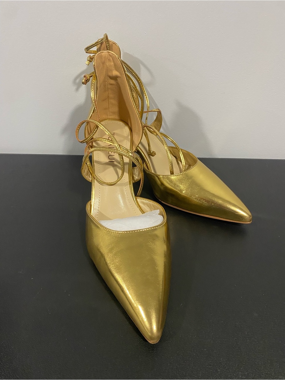 Gold Pointed Lace-Up Women's Heels with Ankle Ties